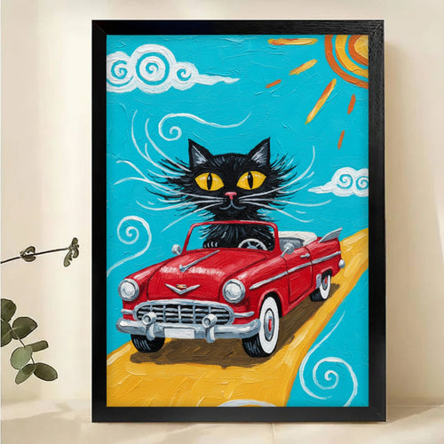 Black Cat in Vintage Red Car Art - Retro Road Trip Decor Canvas Wall Art