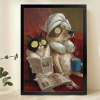 Cat & Dog Spa Day Wall Art – Funny Pet Canvas Print on Natural Wood Frame