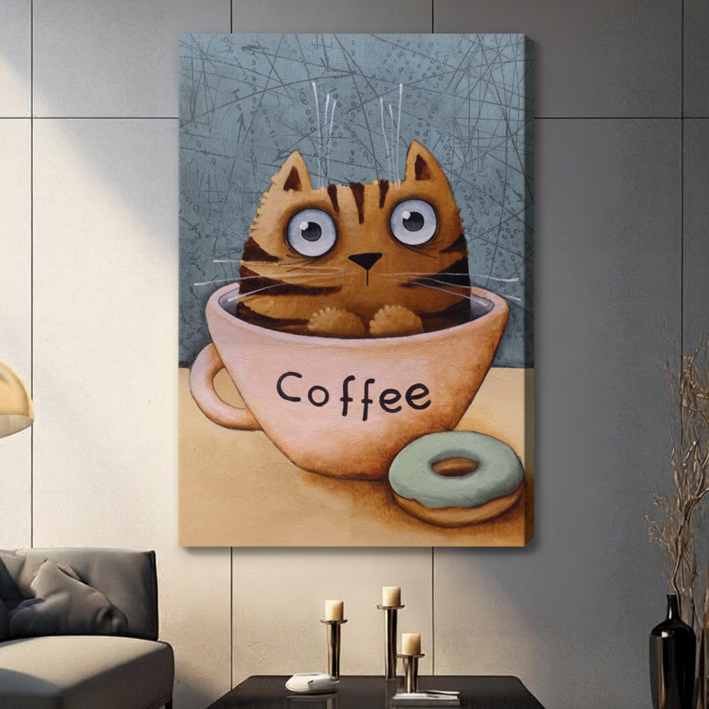 Cute Cat Coffee Cup Whimsical Canvas Wall Art