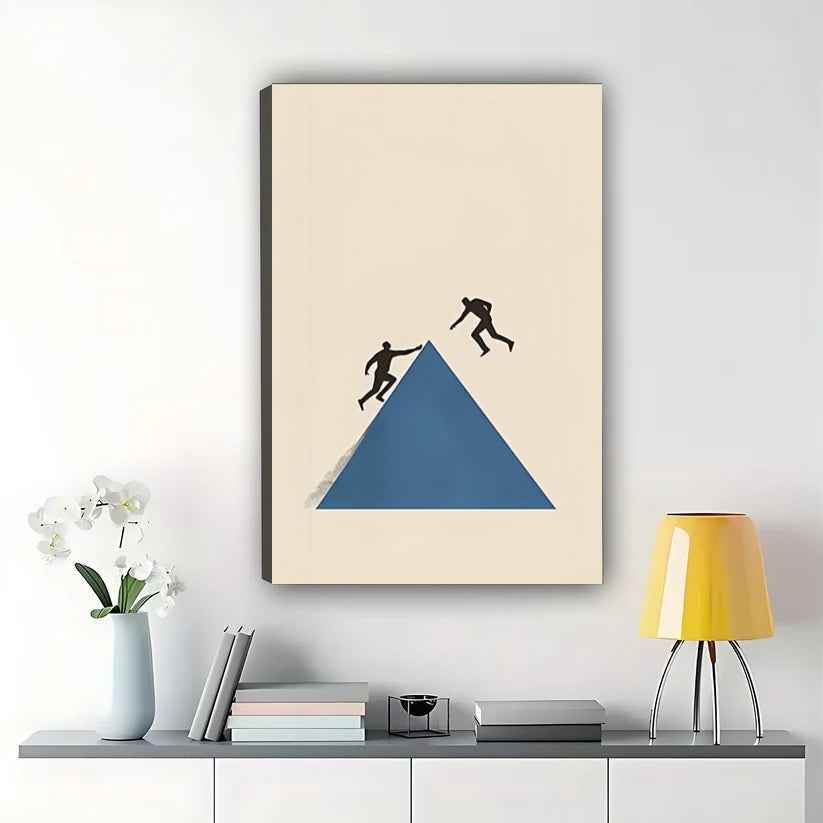 Two Figures on Blue Pyramid – Minimalist Abstract Wall Art on Natural Wood Canvas