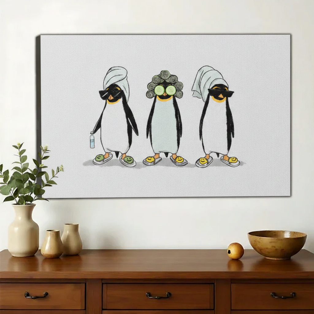 Self-Care Spa Penguins Wall Art – Whimsical Funny Penguin Canvas Print on Natural Wood Frame