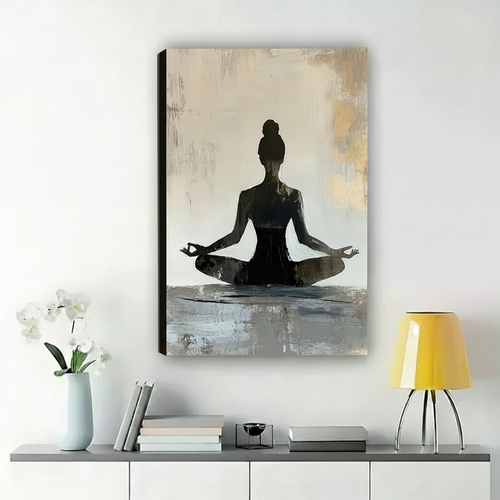 Meditating Woman Silhouette Wall Art – Zen Yoga Canvas Print on Natural Wood Frame