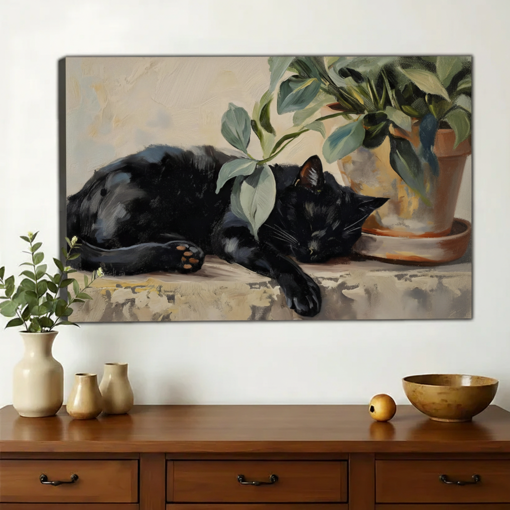 Sleeping Black Cat with Greenery – Vintage Oil Painting Style Wall Art on Natural Wood Canvas