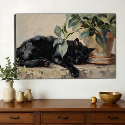 Sleeping Black Cat with Greenery – Vintage Oil Painting Style Wall Art on Natural Wood Canvas