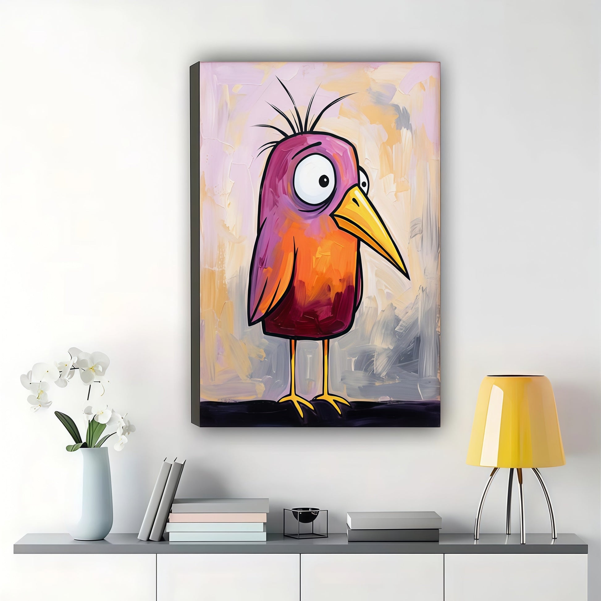 Whimsical Pink-Orange Bird Wall Art – Quirky Abstract Bird Canvas Print on Natural Wood Frame