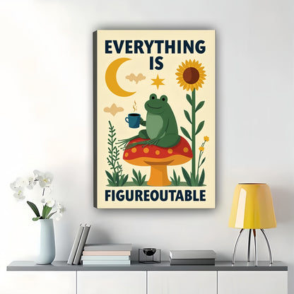The Frog Sunflower “Everything Is Figureoutable – Whimsical Inspirational Wall Art on Natural Wood Canvas