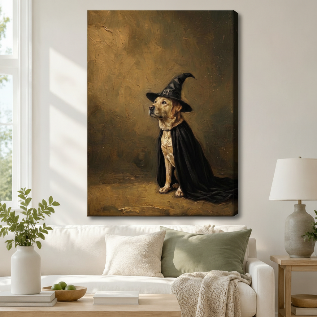 Labrador Witch Hat Black Cape Portrait Canvas Print