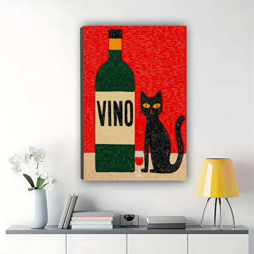 VINO Black Cat Wine – Retro Cat & Wine Bar Wall Art on Natural Wood Canvas