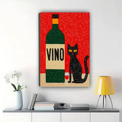 VINO Black Cat Wine – Retro Cat & Wine Bar Wall Art on Natural Wood Canvas