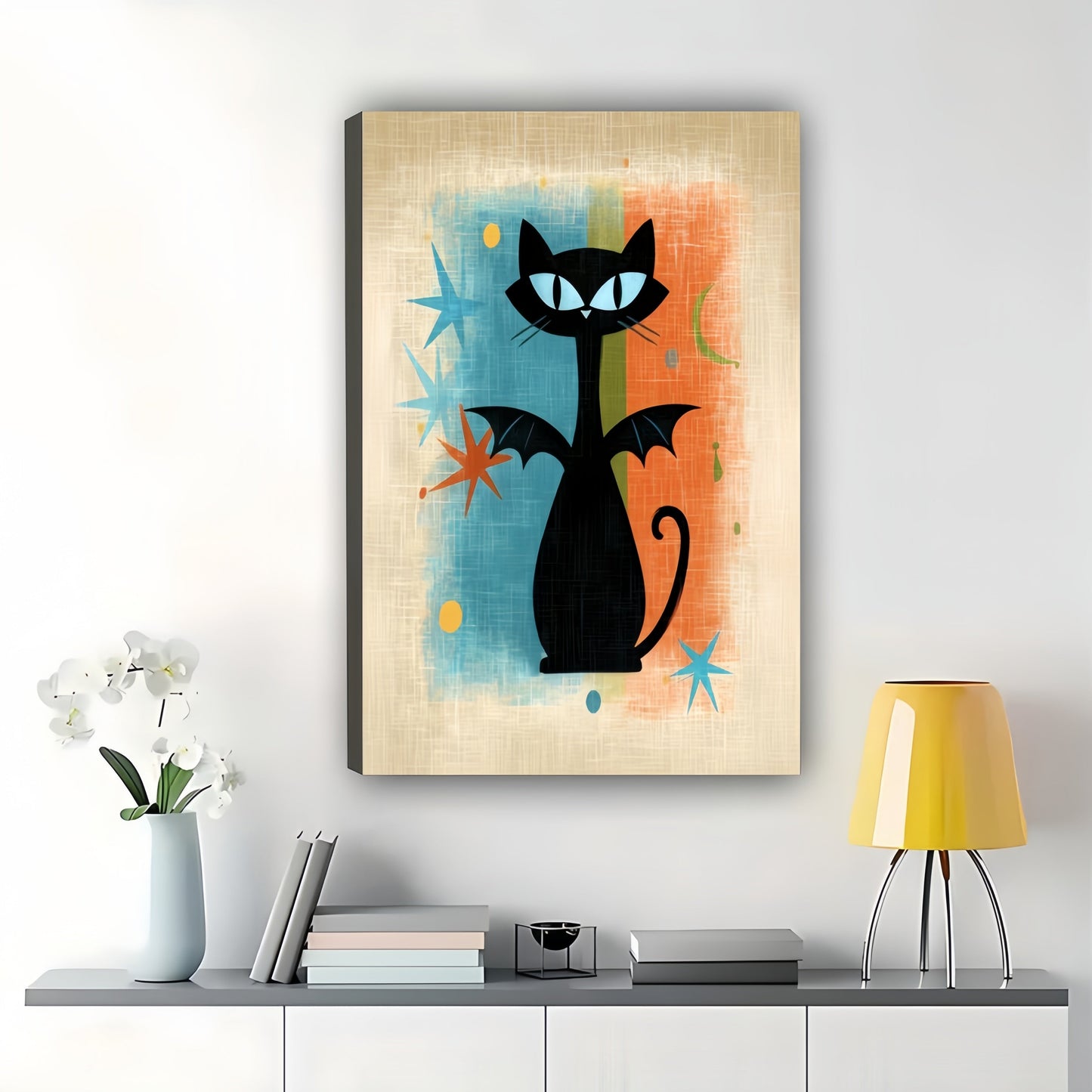 Retro Bat Cat – Mid-Century Modern Abstract Cat Wall Art on Natural Wood Canvas