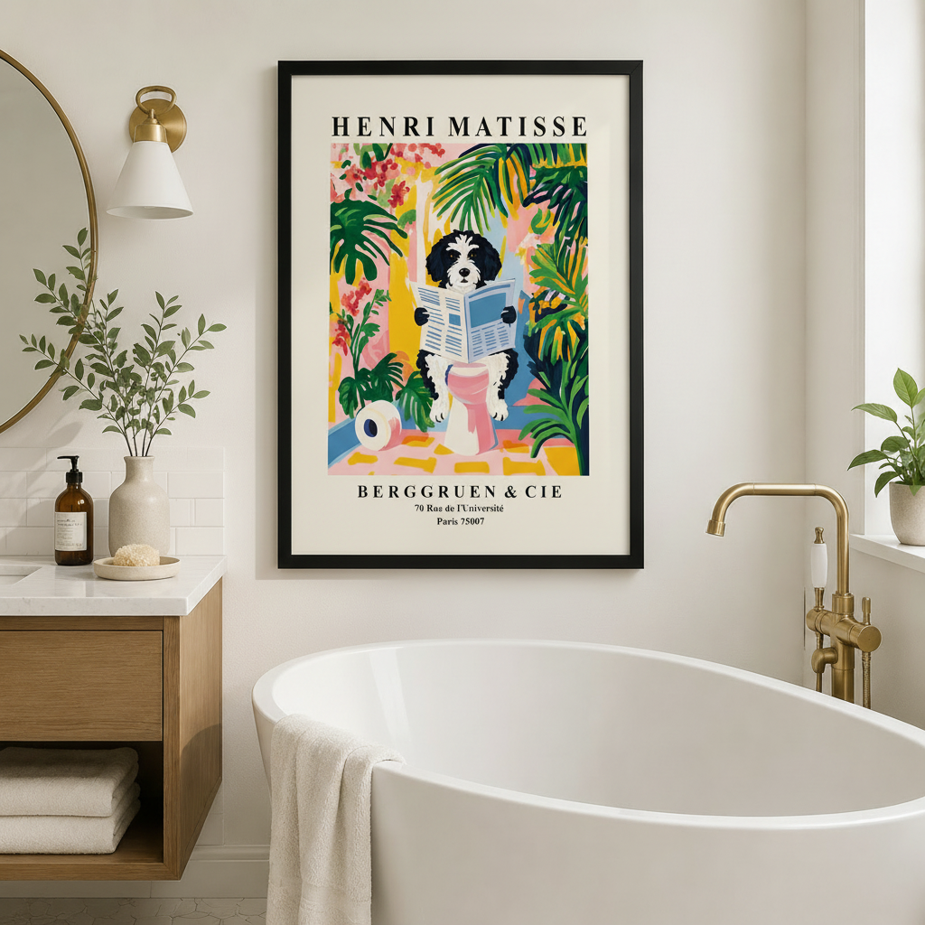 Matisse-Style Dog Reading Newspaper Framed Canvas Art