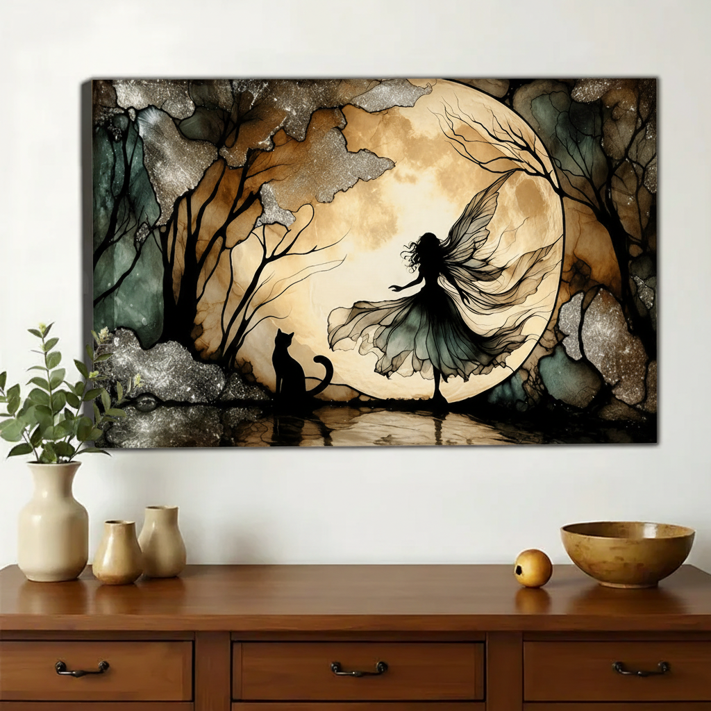 Enchanted Moon Fairy & Cat Wall Art – Mystical Forest Silhouette Canvas on Natural Wood Frame