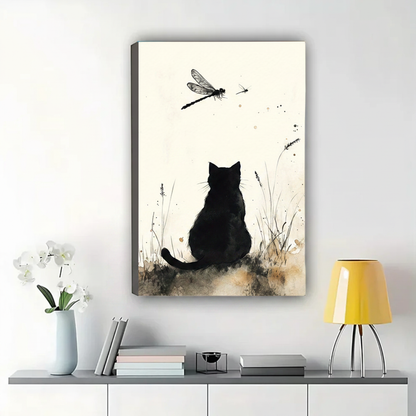 Black Cat & Dragonfly Wall Art – Zen Ink Brush Cat Canvas Print on Natural Wood Frame