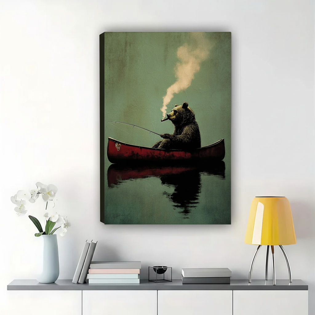 Bear Fishing in Red Canoe Wall Art – Moody Dark Animal Canvas Print on Natural Wood Frame