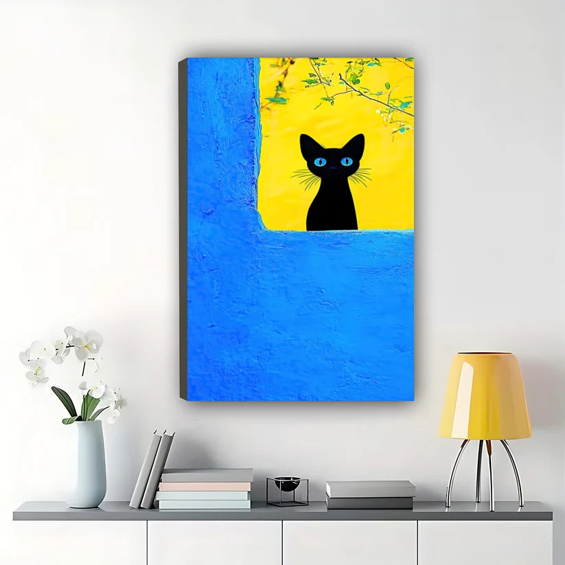 Vibrant Blue & Yellow Black Cat Wall Art – Whimsical Abstract Cat Canvas Print on Natural Wood Frame