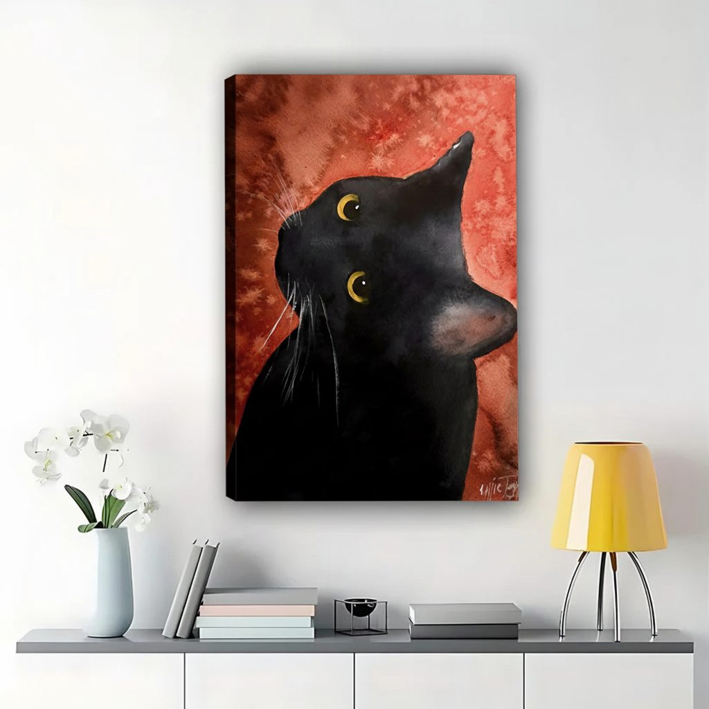 The Red-Background Artistic Black Cat – Vintage Painterly Wall Art on Natural Wood Canvas