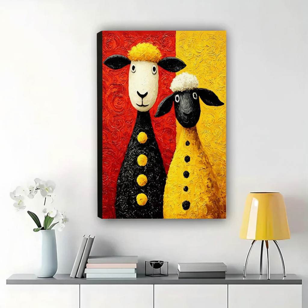 Two Whimsical Sheep Wall Art – Bold Colorful Folk Art Canvas Print on Natural Wood Frame