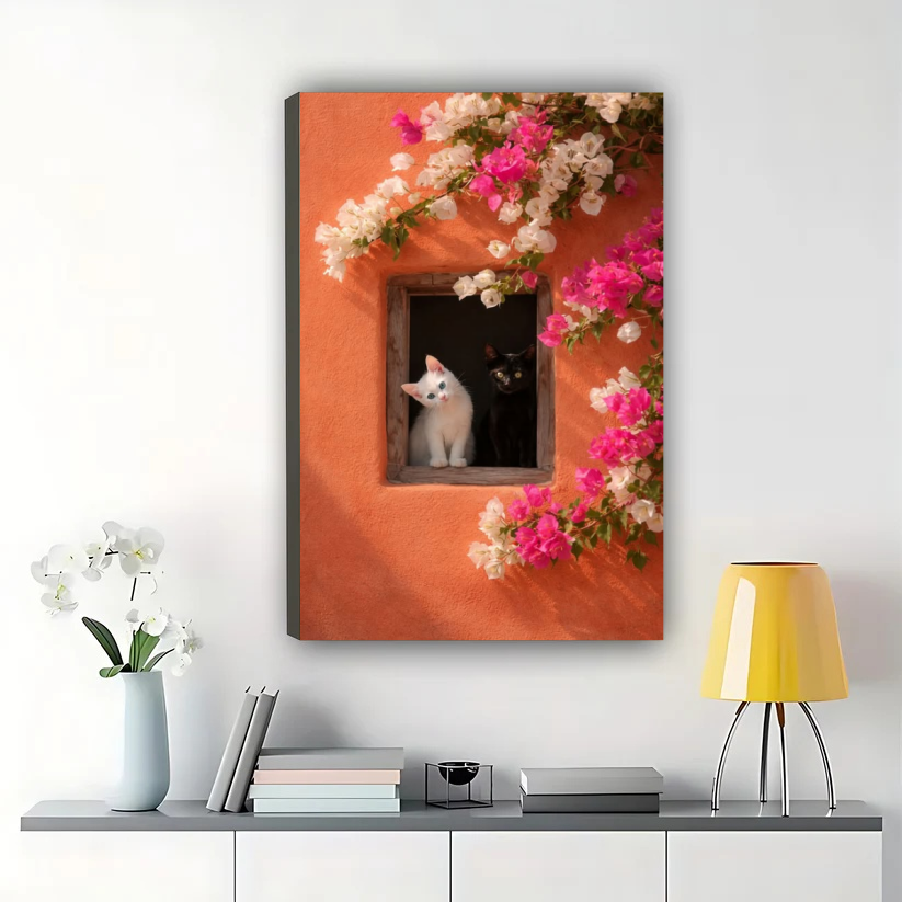 Mediterranean Window Cat Wall Art – Floral Orange Wall Cat Canvas Print Wood Framed
