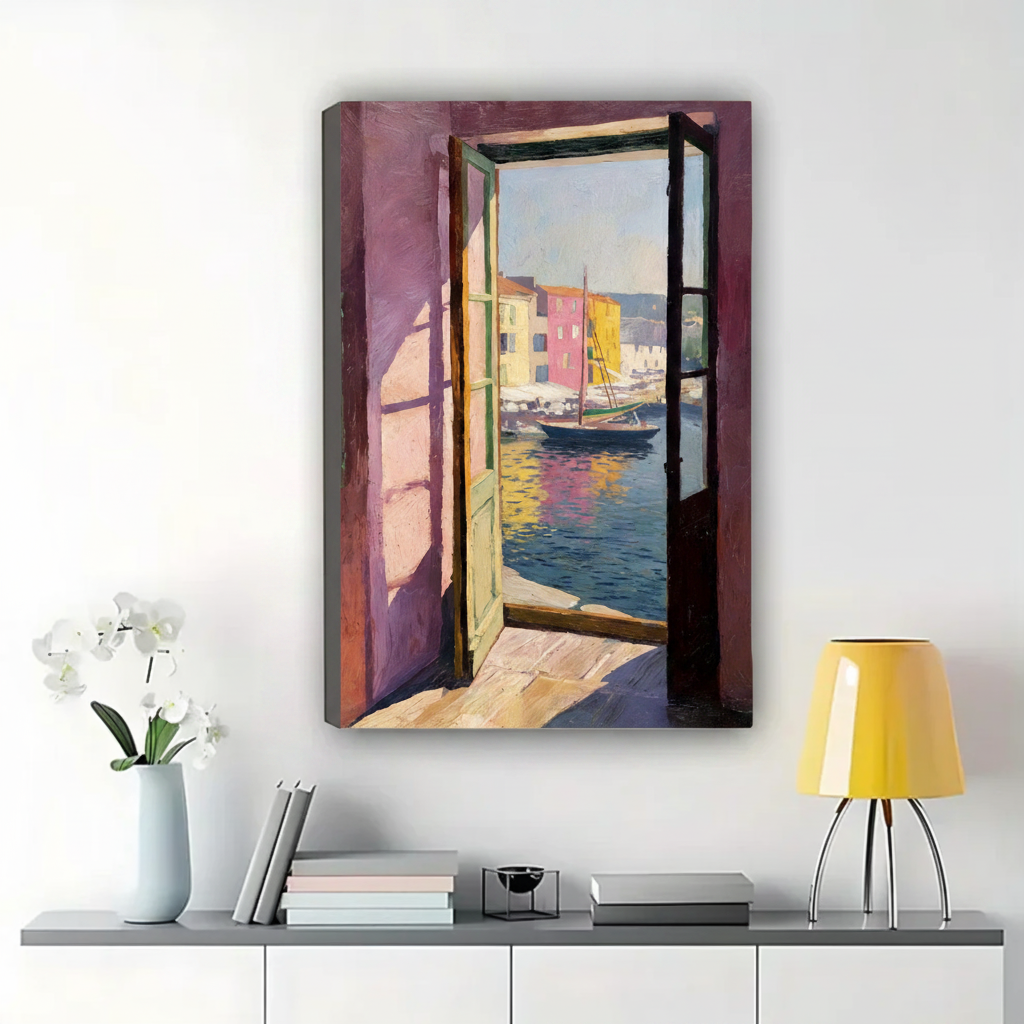Mediterranean Harbor Through Open Window Wall Art – Impressionist Oil Painting Canvas Print on Natural Wood Frame