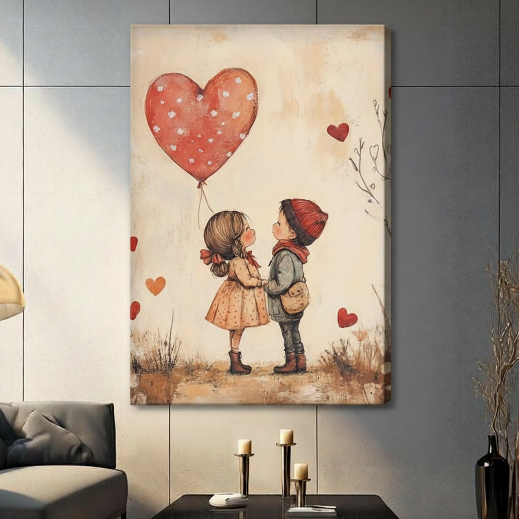 Romantic Kids Heart Balloon Canvas Wall Art