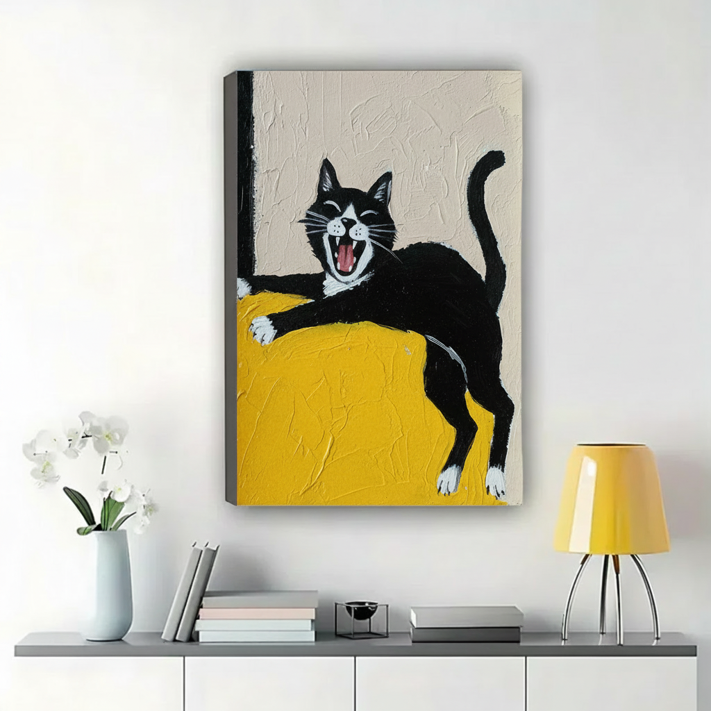 Laughing Tuxedo Cat on Yellow Sofa Wall Art – Bold Impasto Oil Painting Canvas Print on Natural Wood Frame