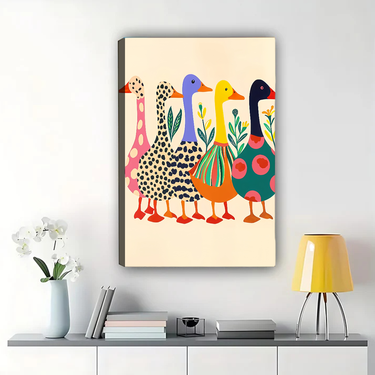 Colorful Ducks Canvas Wall Art - Whimsical Folk Art Bird Print