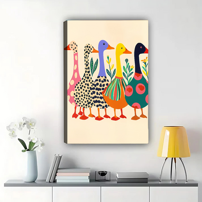 Colorful Ducks Canvas Wall Art - Whimsical Folk Art Bird Print