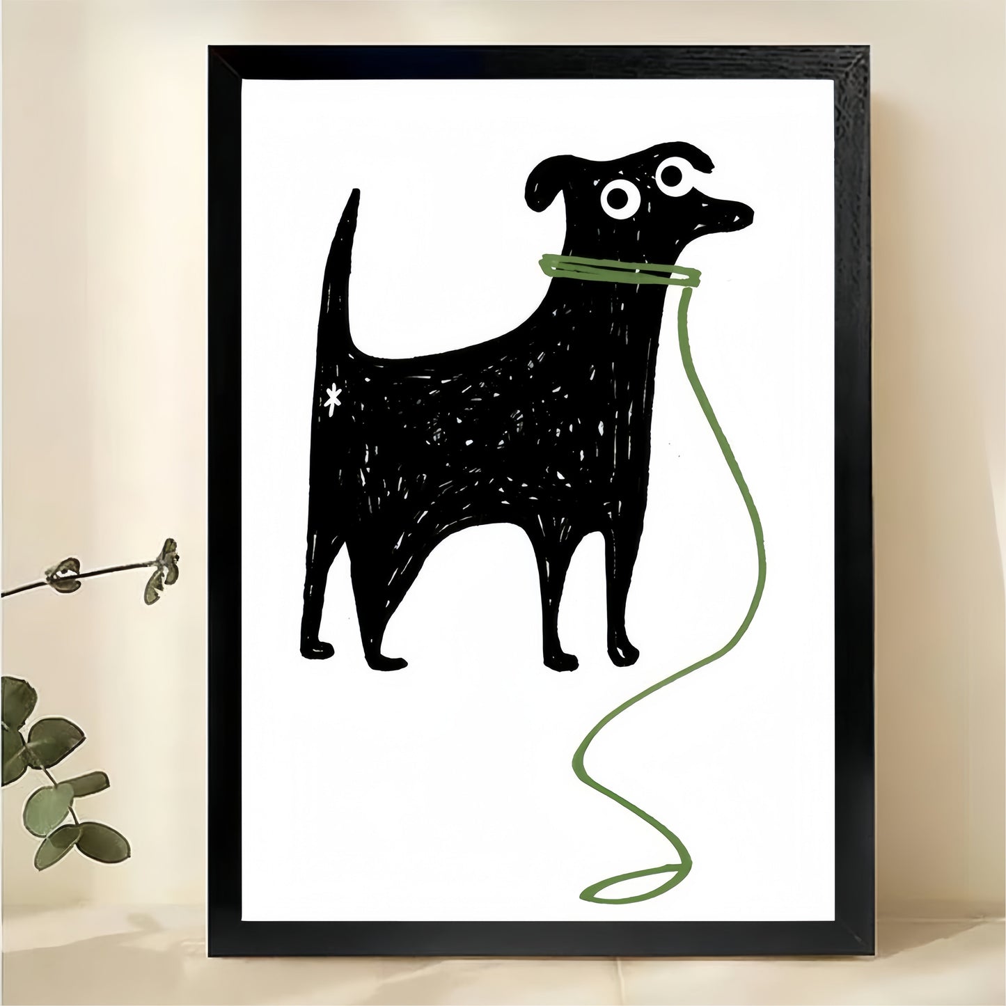 Dog with Leash Wall Art - Minimalist Line Drawing Print
