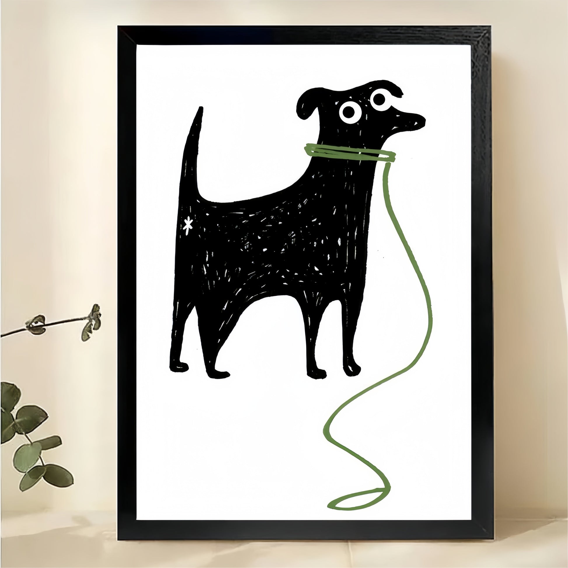 Dog with Leash Wall Art - Minimalist Line Drawing Print
