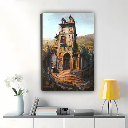 The Surreal Vintage Castle – Dreamy Fantasy Wall Art on Natural Wood Canvas