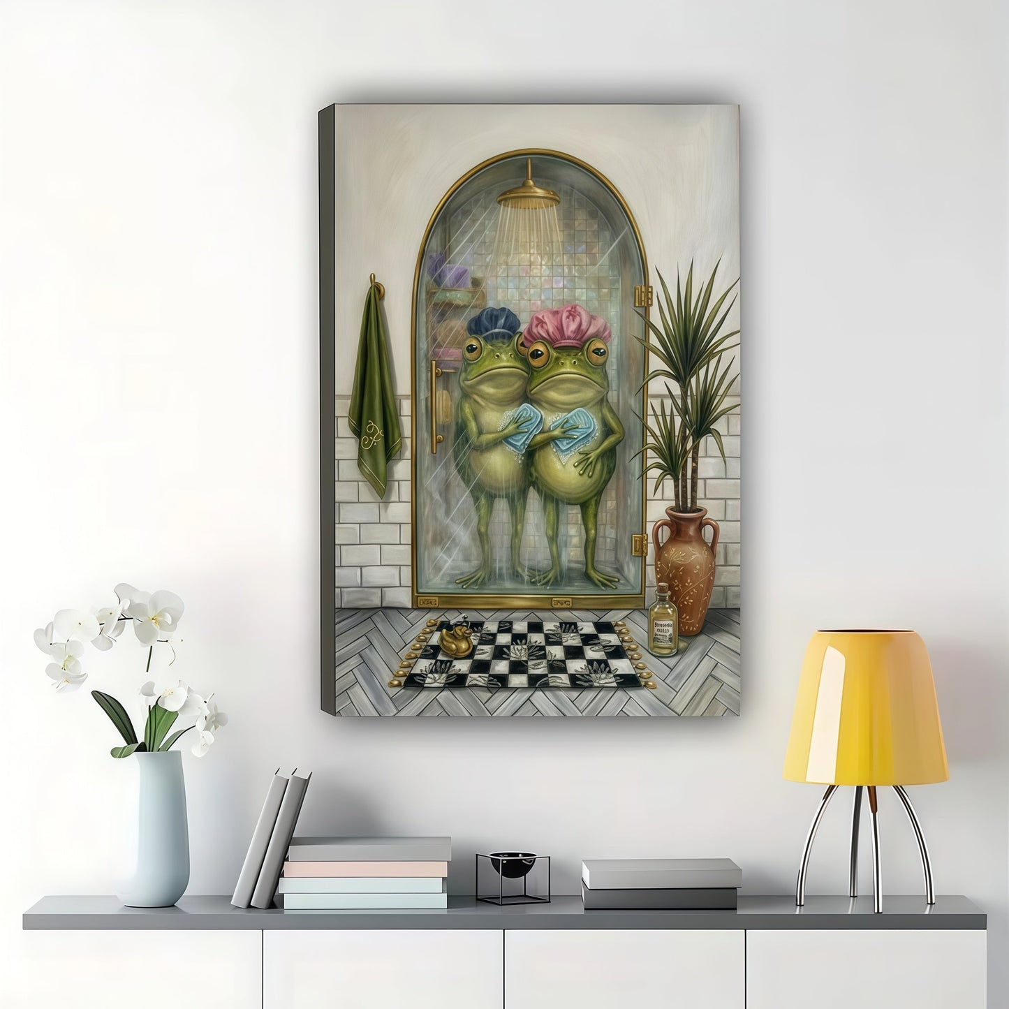 Two Frogs in Shower Caps – Vintage Whimsical Bathroom Wall Art on Natural Wood Canvas