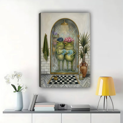 Two Frogs in Shower Caps – Vintage Whimsical Bathroom Wall Art on Natural Wood Canvas