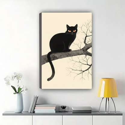 Black Cat on Bare Branch Wall Art – Minimalist Japanese-Style Canvas Print on Natural Wood Frame