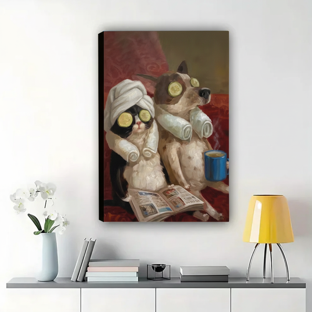 Cat & Dog Spa Day Wall Art – Funny Pet Canvas Print on Natural Wood Frame