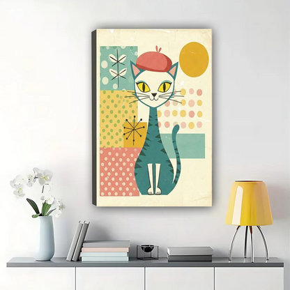 Mid-Century Cat with Red Beret Wall Art – Retro Geometric Cat Canvas Print on Natural Wood Frame
