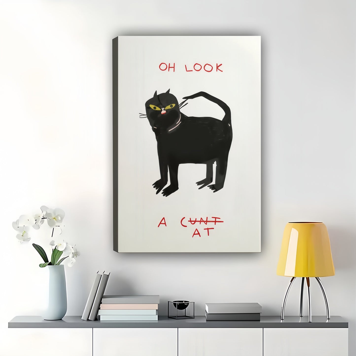 Oh Look A Cunt At Sassy Black Cat – Humorous Retro Wall Art on Natural Wood Canvas