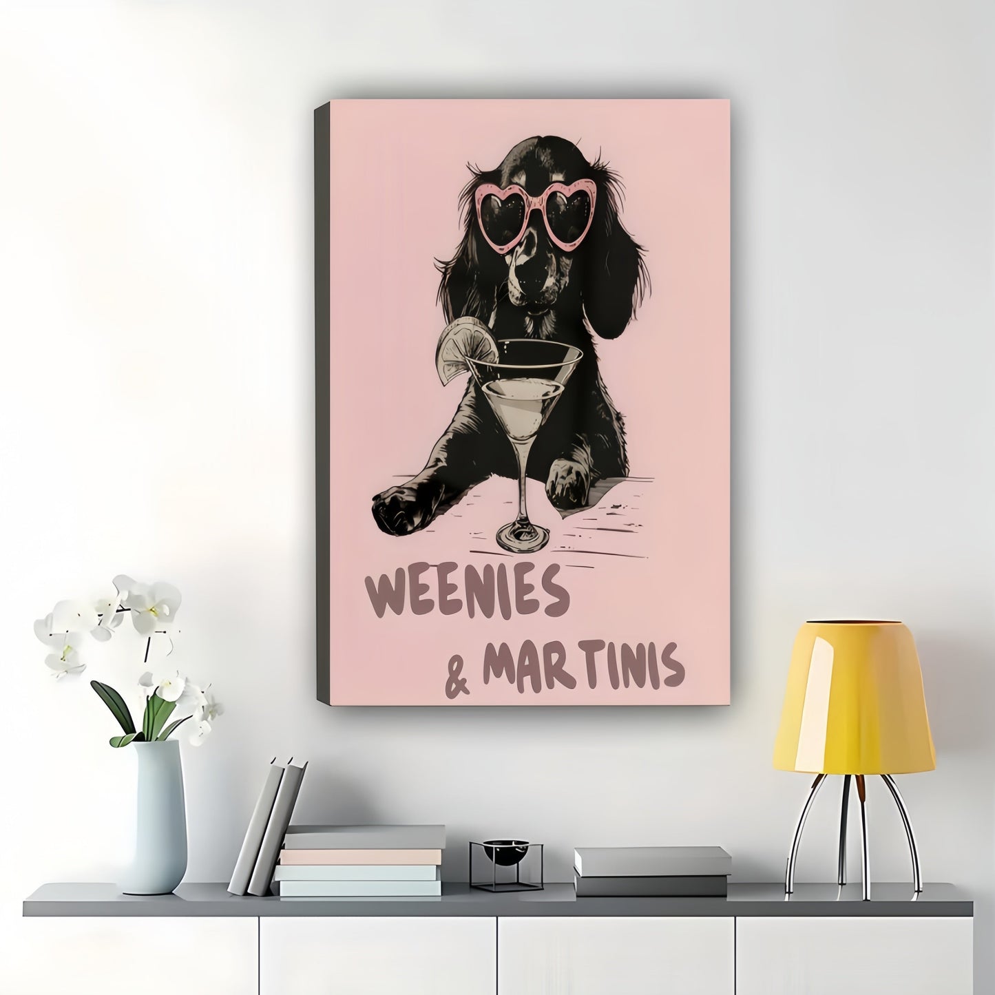 Weenies & Martinis Dachshund with Heart Sunglasses – Retro Cocktail Wall Art on Natural Wood Canvas