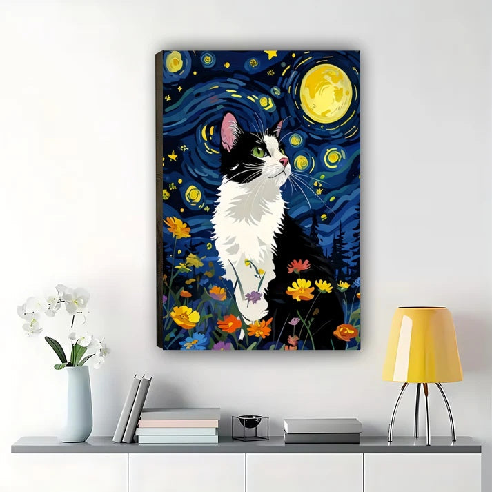 Tuxedo Cat Starry Night Wall Art - Van Gogh Style Print
