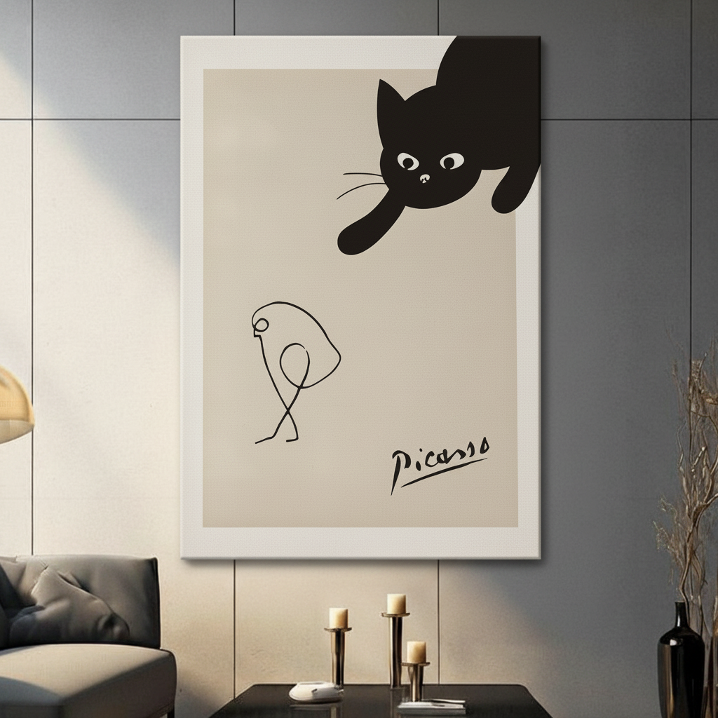 Picasso-Style Black Cat Minimalist Canvas Wall Art
