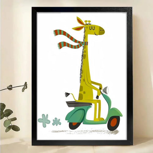 Giraffe on Scooter Wall Art - Whimsical Kids Room Decor Print