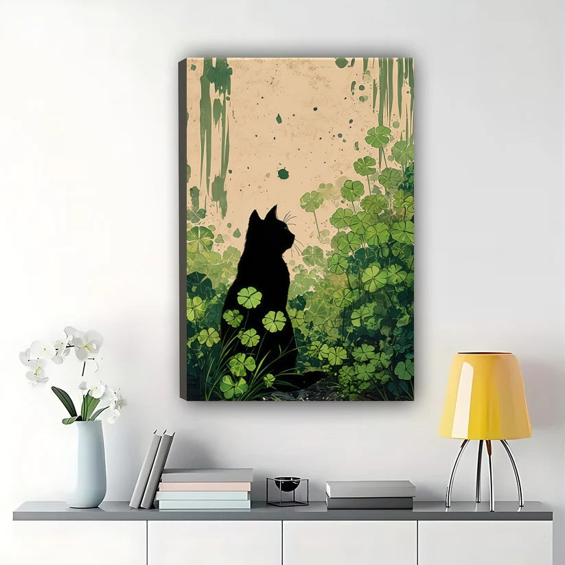 Black Cat Silhouette in Clover Patch – Japanese-Inspired Green Wall Art on Natural Wood Canvas