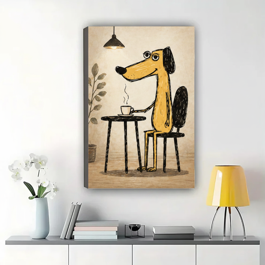 Coffee Shop Dog Wall Art – Warm Cozy Illustration Canvas Print on Natural Wood Frame