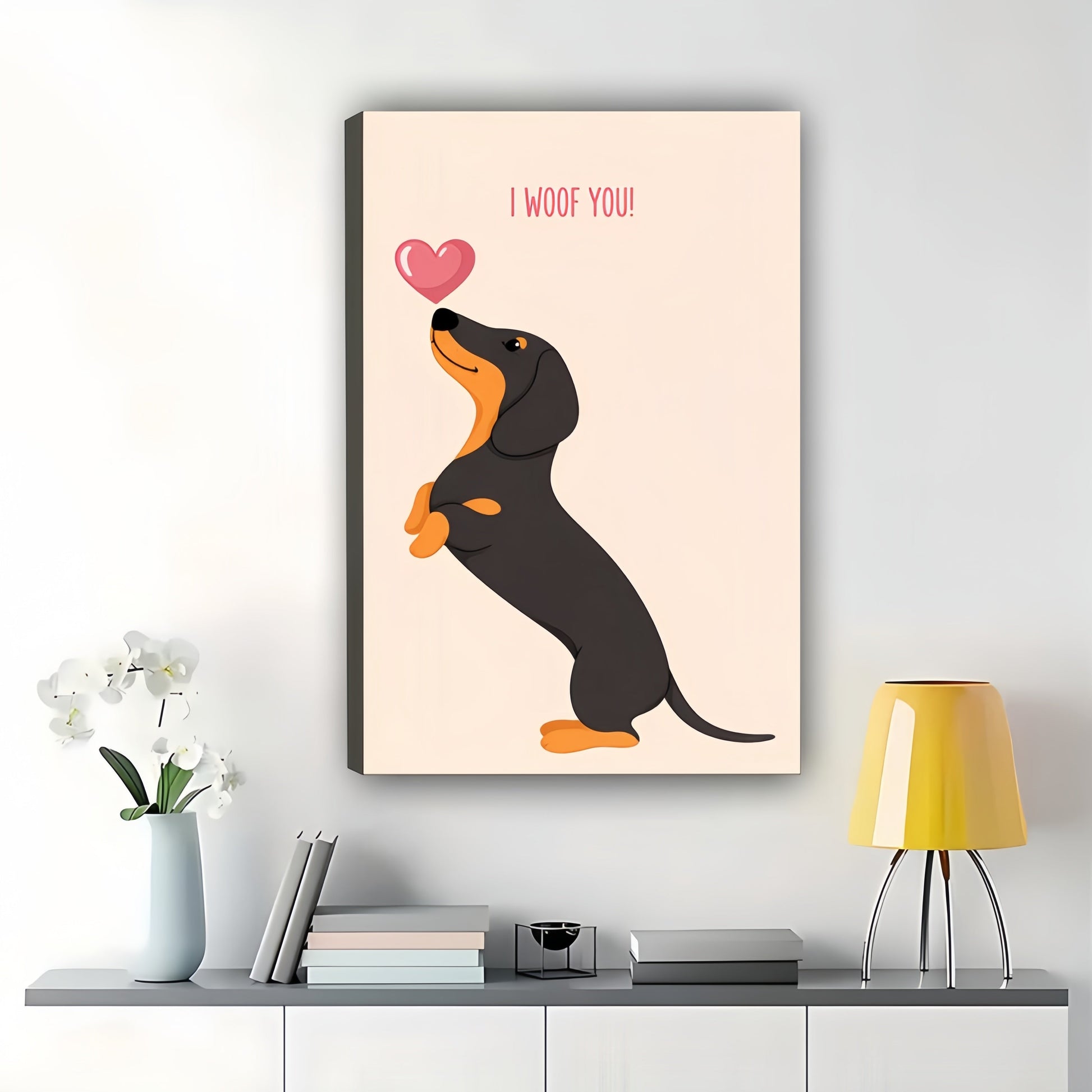 “I Woof You” Dachshund with Heart – Sweet Romantic Pet Wall Art on Natural Wood Canvas