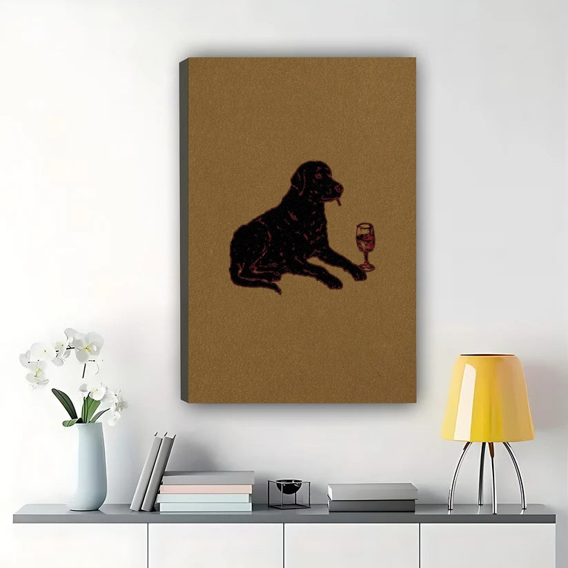 Vintage Black Labrador with Wine Glass Wall Art – Whimsical Dog Canvas Print on Natural Wood Frame