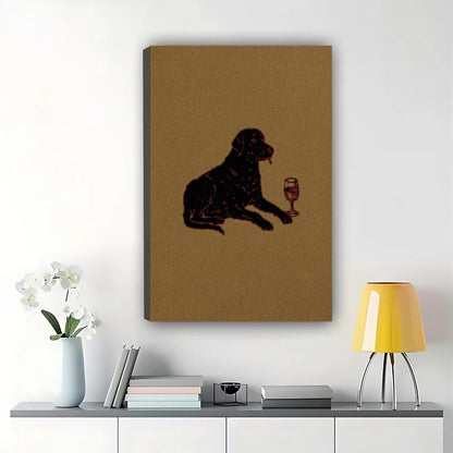 Vintage Black Labrador with Wine Glass Wall Art – Whimsical Dog Canvas Print on Natural Wood Frame