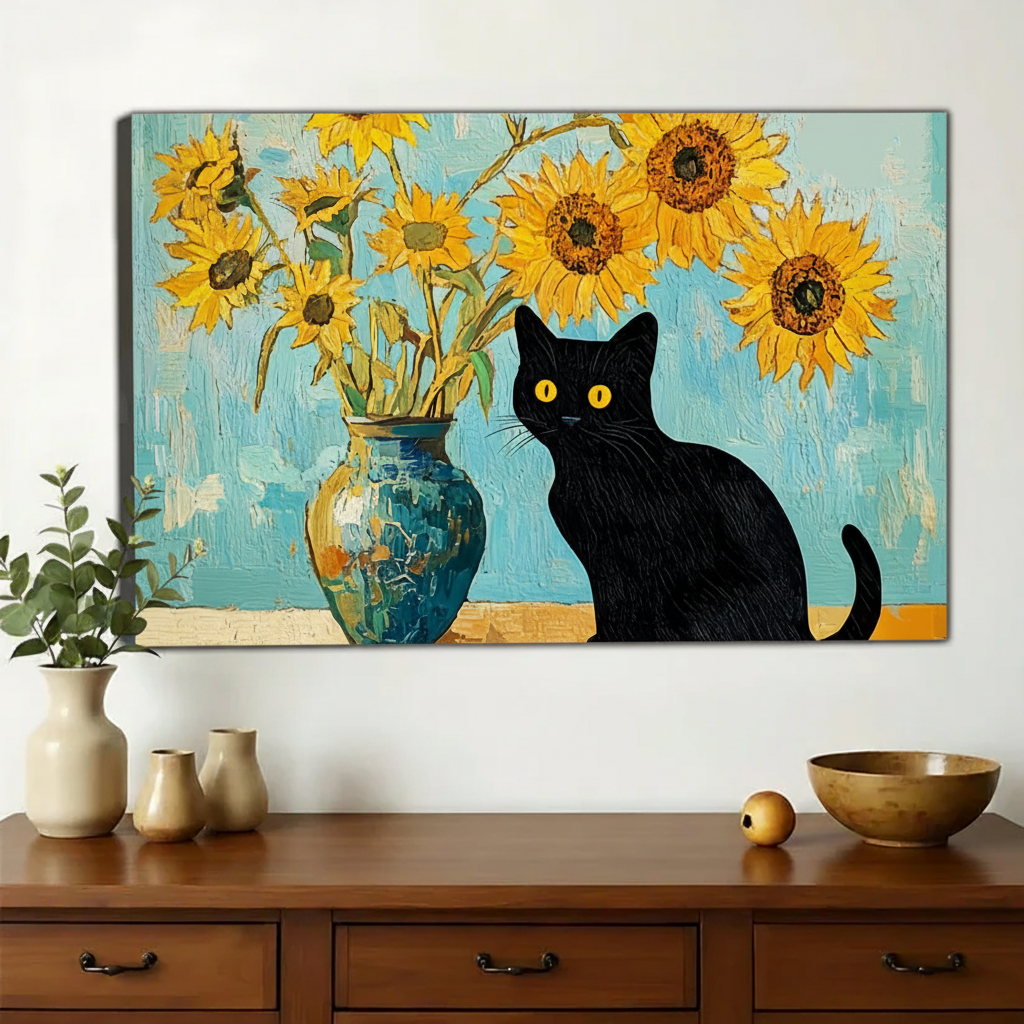 Black Cat with Sunflowers – Van Gogh Inspired Cat Wall Art on Natural Wood Canvas