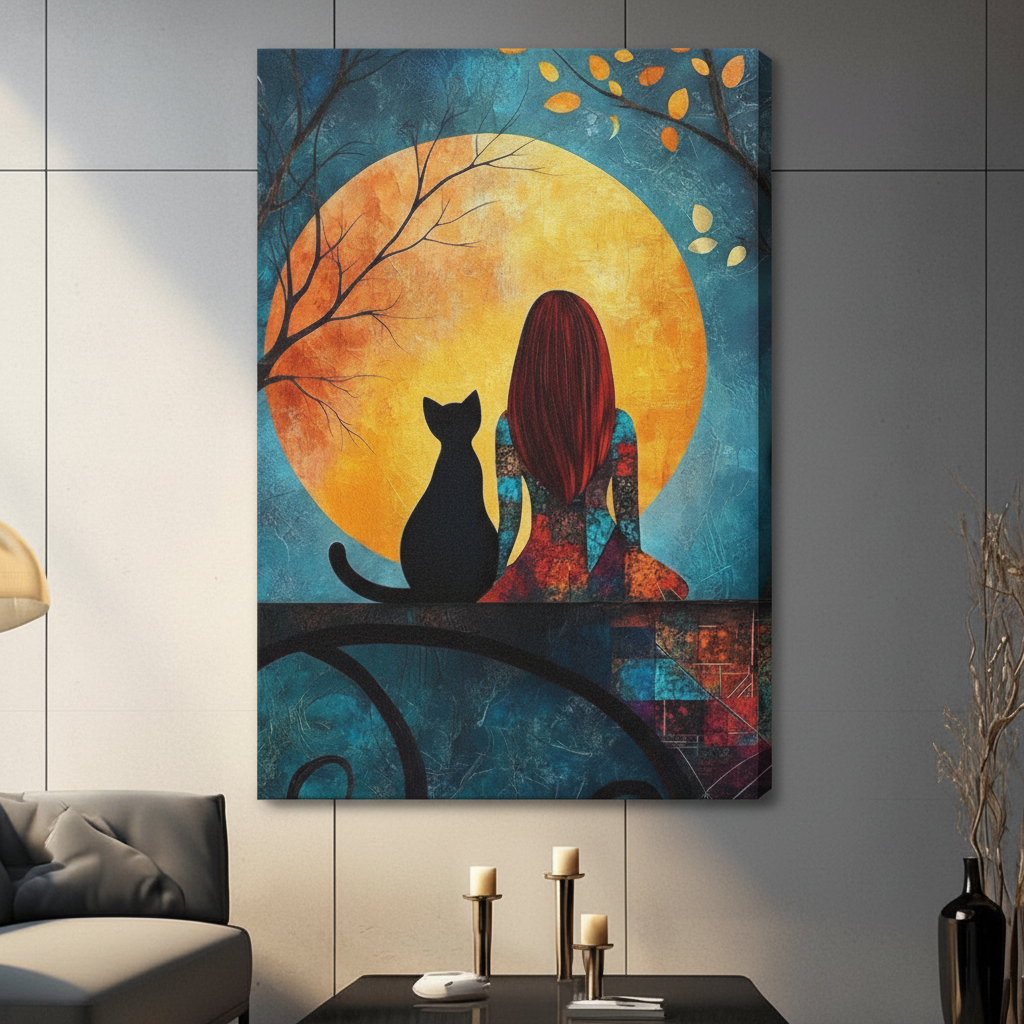 Girl Black Cat Moon Night Romantic Canvas Print