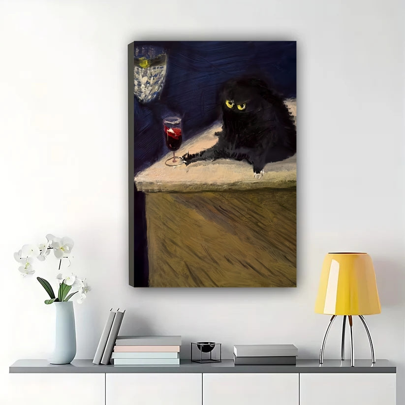 Black Cat with Red Wine Glass – Classic Art Parody Wall Art on Natural Wood Canvas