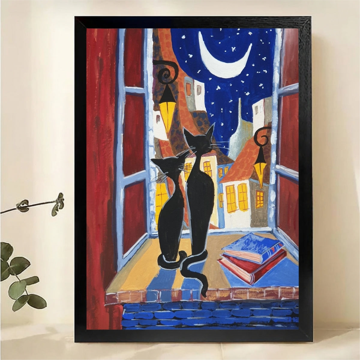 Two Black Cats on Moonlit Window Sill Wall Art - Romantic Colorful Oil Painting Canvas Print