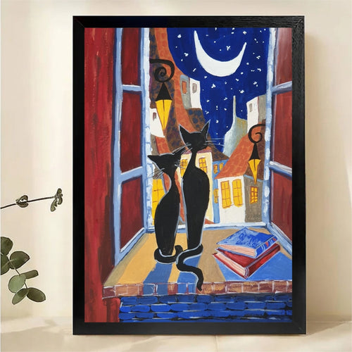 Two Black Cats on Moonlit Window Sill Wall Art - Romantic Colorful Oil Painting Canvas Print